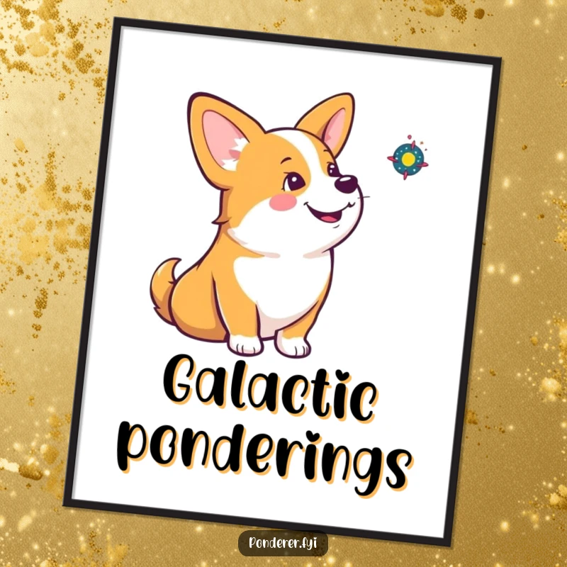 Funny corgi galaxy digital art print of a corgi contemplating a spinning universe, ideal for instant humorous decor.