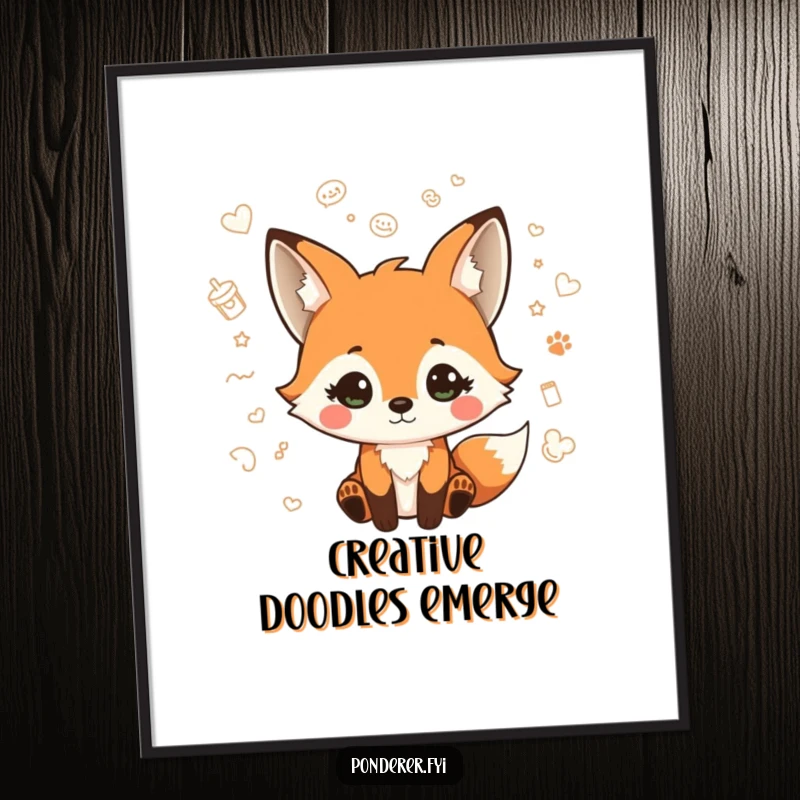 Funny digital art print of a playful fox character with a quizzical expression, surrounded by floating doodles, perfect for whimsical decor.