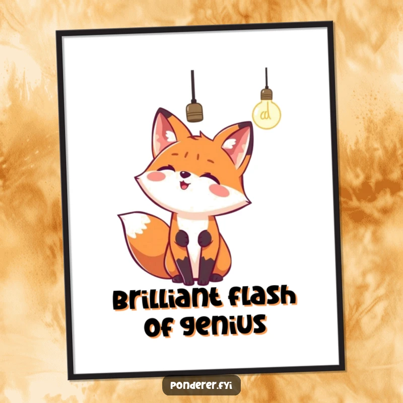 Funny digital art print of a happy fox looking up at a dangling lightbulb. Instant wall decor.
