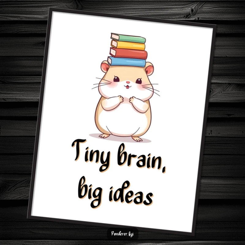 Funny hamster digital art print of a wise rodent balancing books, ideal for framing and adding a humorous, intellectual touch to walls.