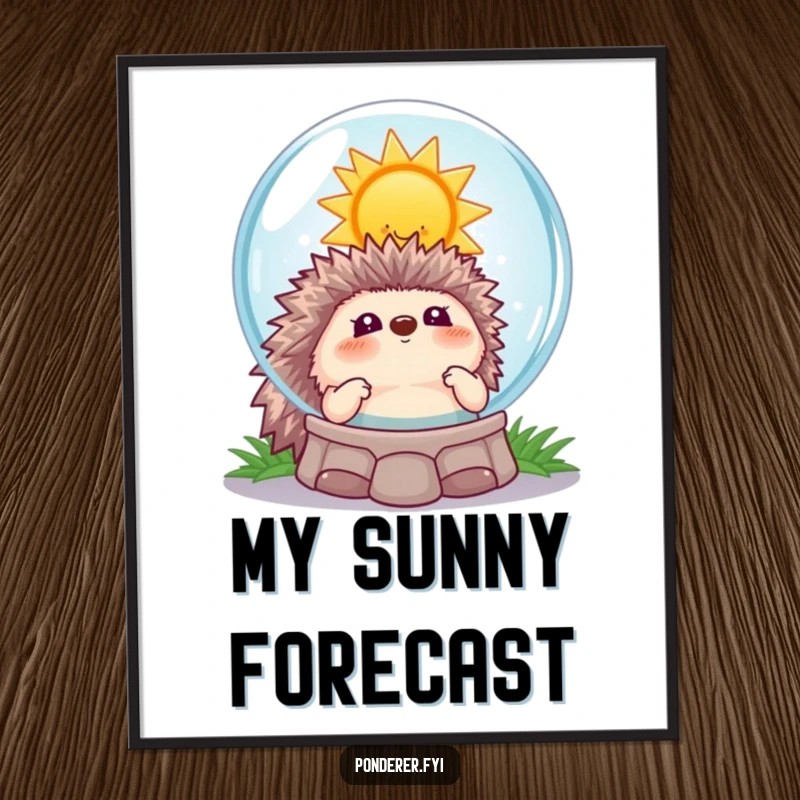 Funny hedgehog fortune digital art print, a hedgehog gazing into a crystal ball reflecting a smiling sun, creating a humorous sunny vibe.