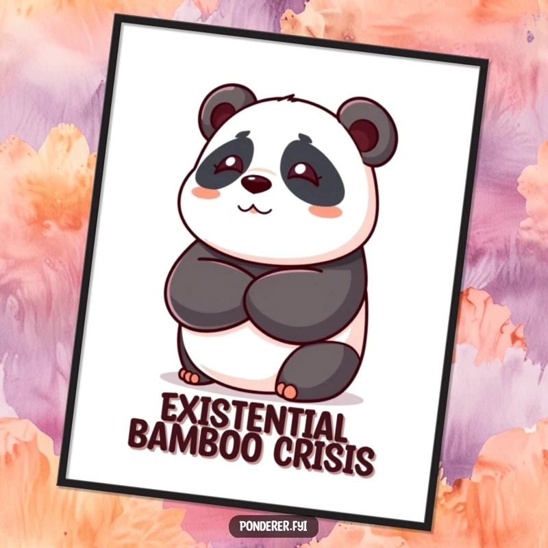 Funny panda bear digital art print, playful bear with crossed arms deep in thought, humorous wall decor, printable gift.