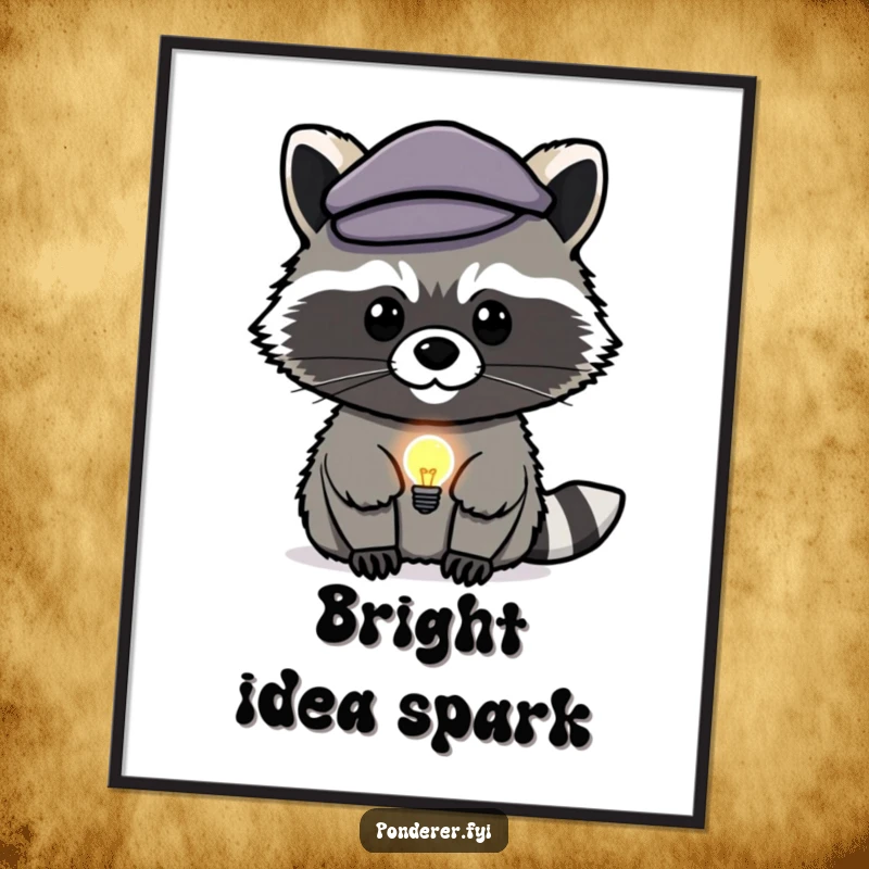 Funny raccoon genius digital art print: a stealthy raccoon with a lightbulb, smart and humorous decor.