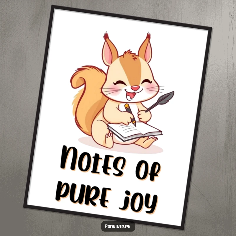 Funny squirrel writer digital art print, a joyful squirrel furiously scribbling with a quill, conveying a humorous and creative spirit.