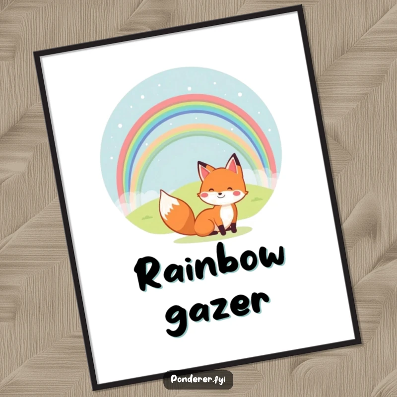 Funny digital art print of a cheerful fox gazing at a rainbow over a small hill. Whimsical and happy.