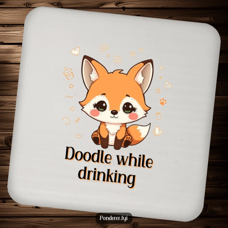 Funny drink coaster with a playful fox character with a quizzical look, surrounded by charming floating doodles, adding artistic flair.