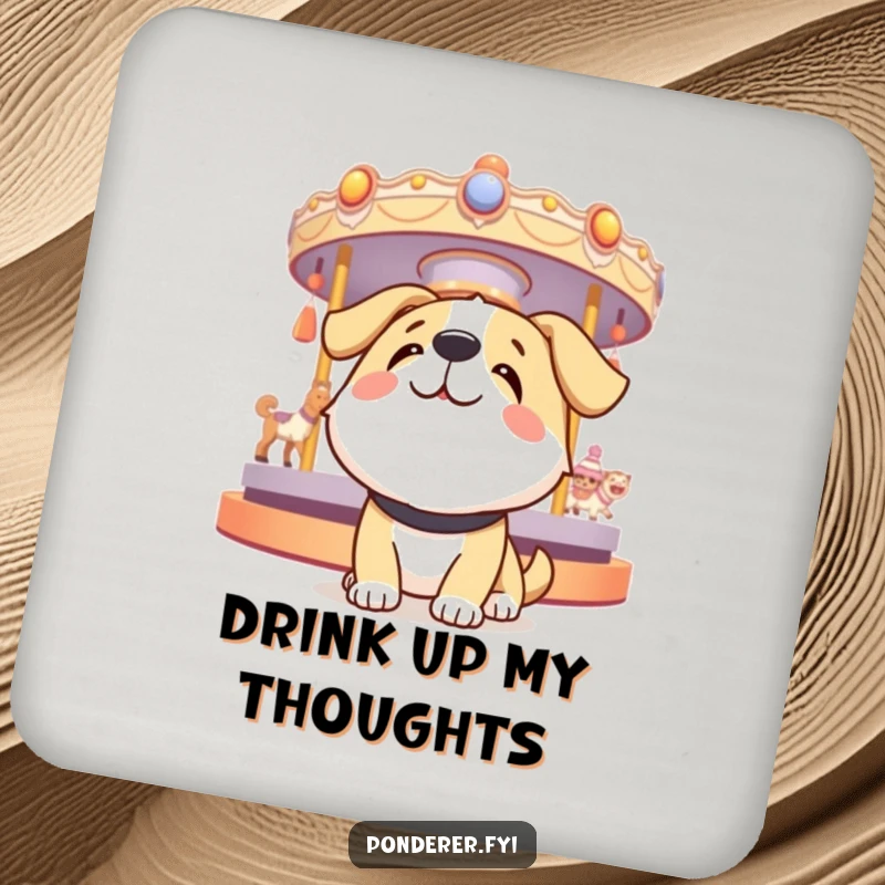 Funny dog coaster showing a happy dog looking up at a spinning carousel of thoughts, adding a touch of happy charm to table settings.
