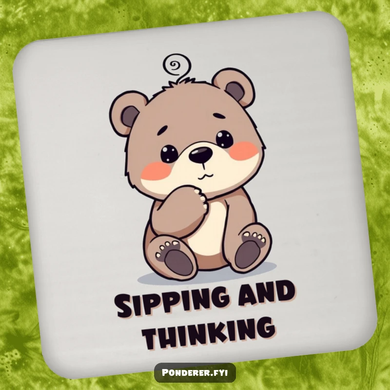 Funny Bear Cub Coaster: A coaster featuring a curious bear cub tapping its chin with a thought spiral.