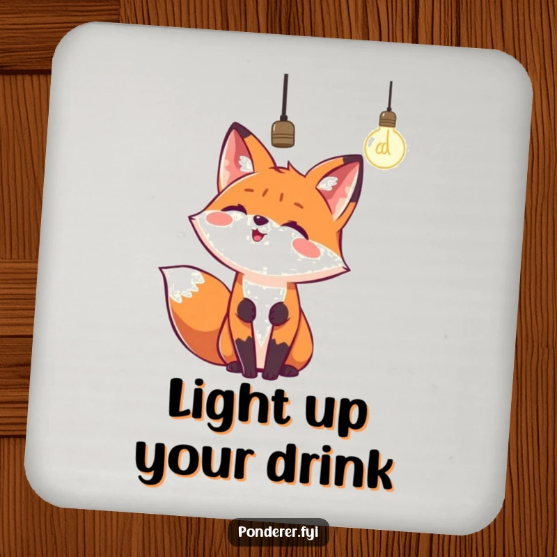 Funny drink coasters with a happy fox looking up at a dangling lightbulb. Table protection with humor.