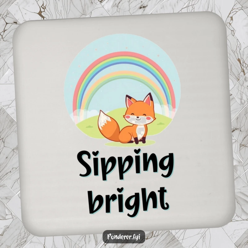 Funny drink coaster depicting a cheerful fox looking at a rainbow over a small hill. Humorous and functional.