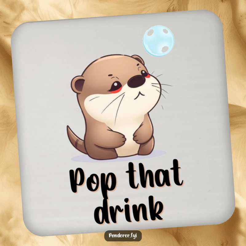 Funny drink coaster featuring a pensive otter staring intently at a shimmering bubble. Humorous table accessory.