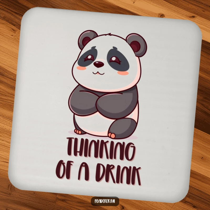 Funny panda bear coasters, playful bear with crossed arms deep in thought, humorous drink protection, ideal home gift.