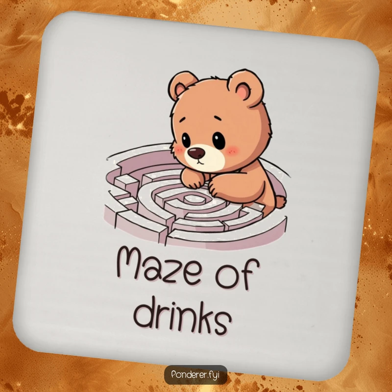 Funny bear cub labyrinth coasters, cub examining a maze with excitement, humorous drink protection, ideal home gift.