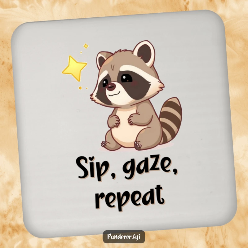 Funny dreamy raccoon police officer coaster, gazing at a glowing star, protecting surfaces with humor.