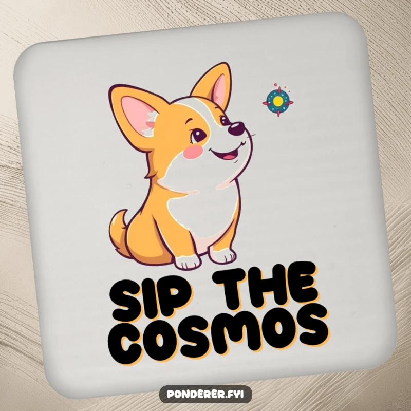 Funny corgi drink coaster featuring a corgi contemplating a spinning galaxy, protecting furniture with adorable humor.