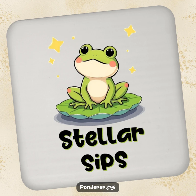Funny drink coaster depicting a content frog on a lily pad, gazing at a starry night sky. Humorous and functional.