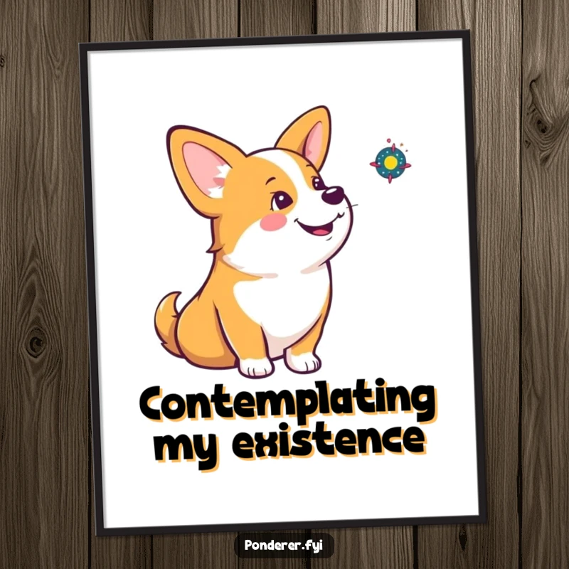 Funny corgi poster showcasing a head-tilted corgi contemplating a small spinning galaxy, adding artistic humor to any room.