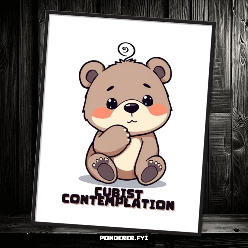 Funny Bear Cub Poster: Artwork of a curious bear cub tapping its chin, with a spiral above its head.