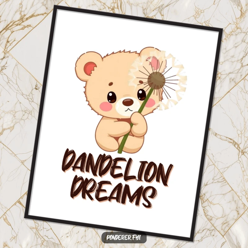 Funny curious bear cub police officer poster, peeking playfully from behind a large dandelion, charming and humorous.