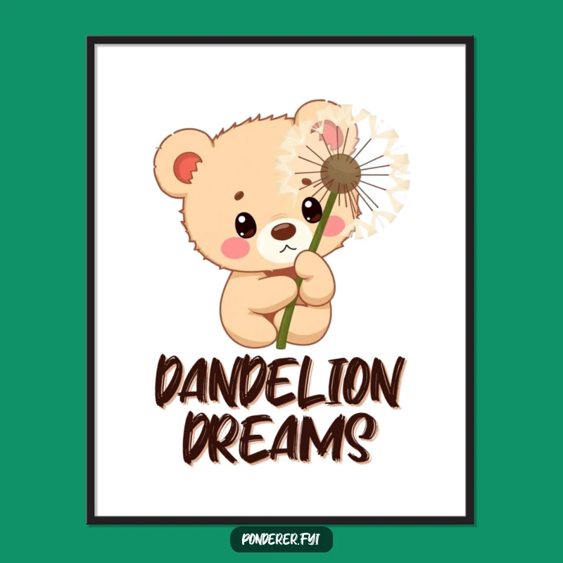 Funny Curious Bear Cub Poster: Dandelion Peek Art Gift