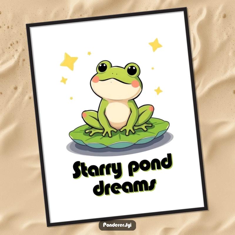 Funny poster of a content frog on a lily pad, gazing at a beautiful starry night sky. Inspiring and humorous wall art.