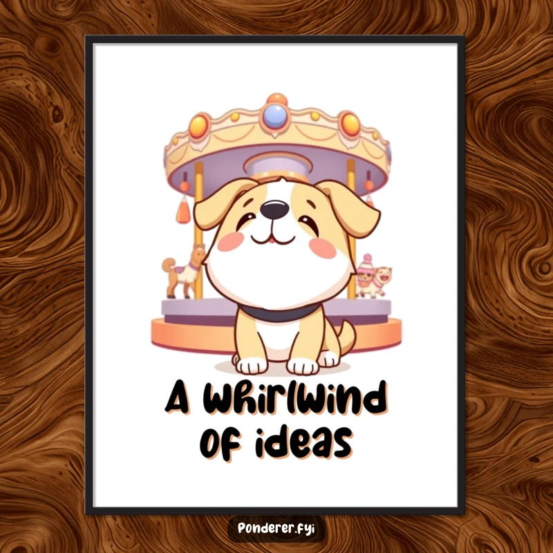 Funny dog poster showing a happy dog looking up at a spinning carousel of thoughts, evoking joy and playful contemplation.