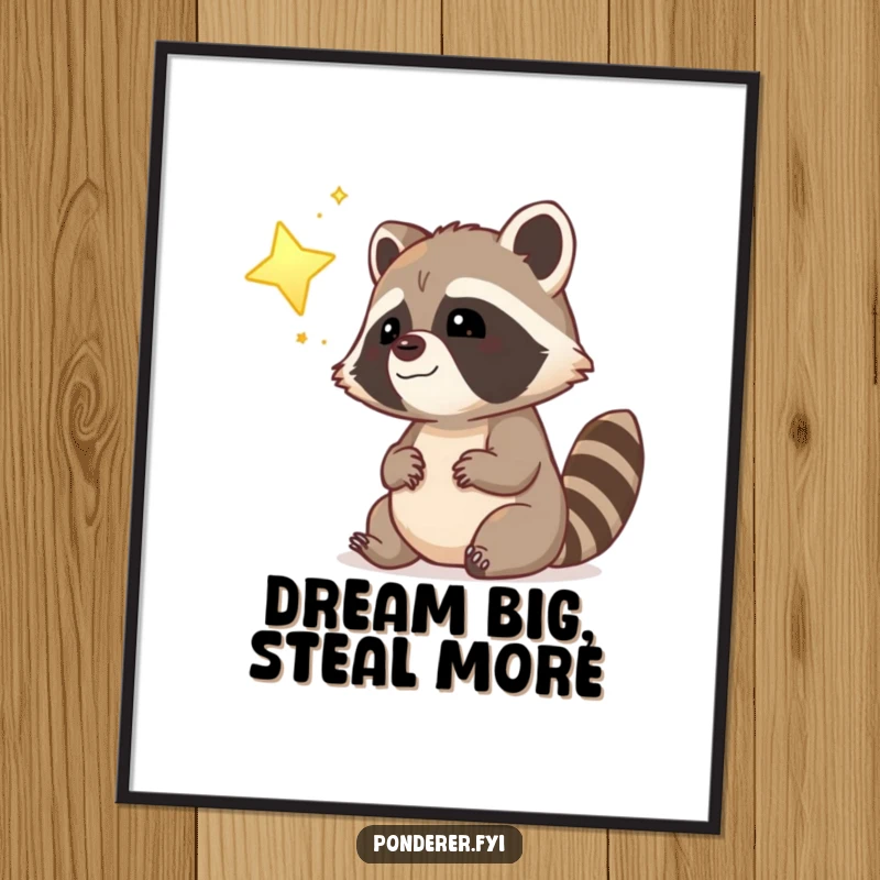 Funny dreamy raccoon police officer poster, gazing at a glowing star with a smile, inspiring and humorous.