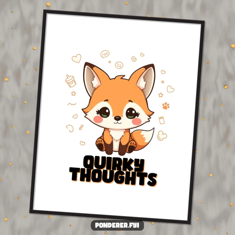 Funny poster of a playful fox character with a quizzical expression, surrounded by vibrant floating doodles, perfect for whimsical decor.