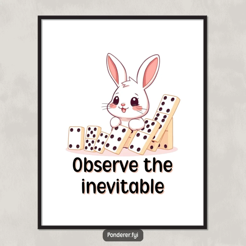 Funny rabbit domino poster, smiling rabbit observing falling dominoes, humorous wall art, perfect printable gift.