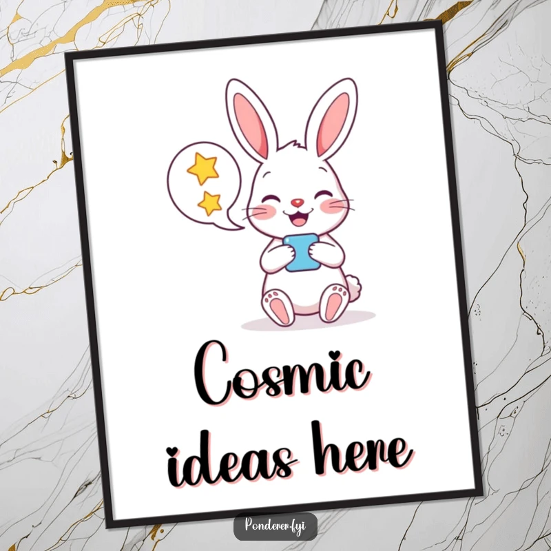 Funny poster depicting a cheerful rabbit character with a speech bubble filled with radiant stars, bringing whimsical art to your walls.