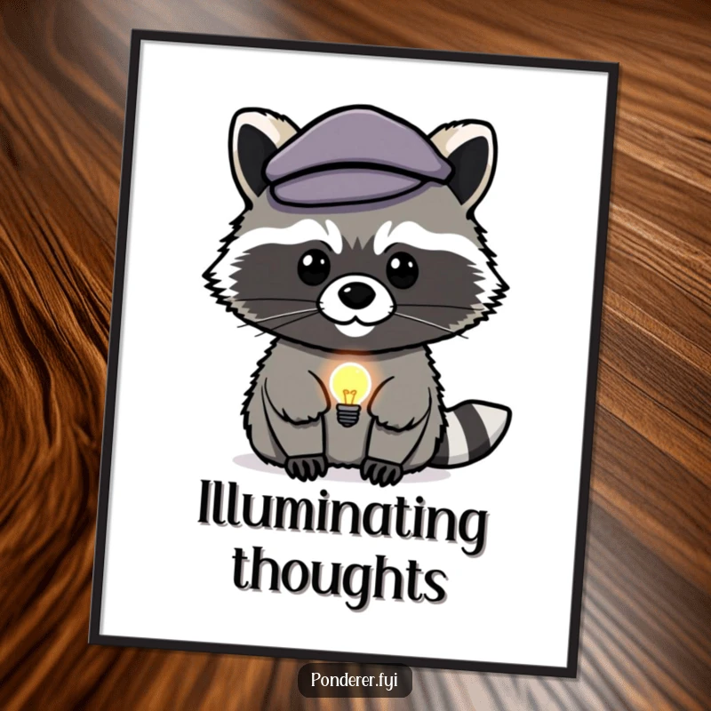 Funny raccoon genius poster: a stealthy raccoon with a beret and a bright lightbulb, smart wall art.