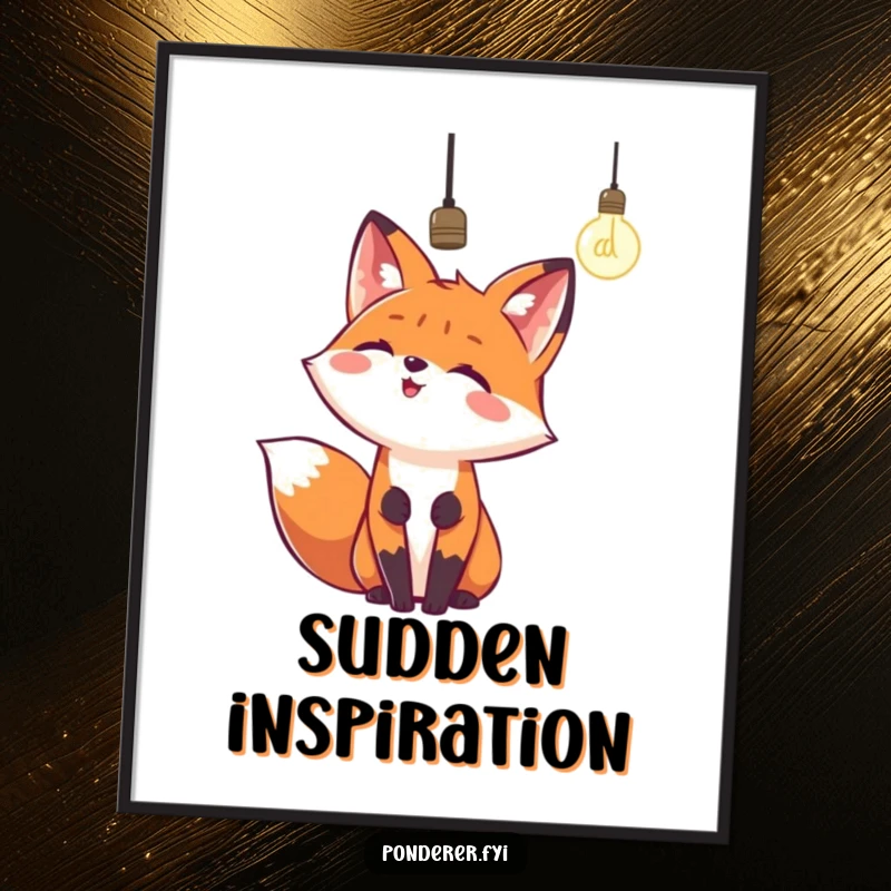 Funny poster illustrating a happy fox looking upwards with wonder at a dangling lightbulb. Humorous and inspiring.