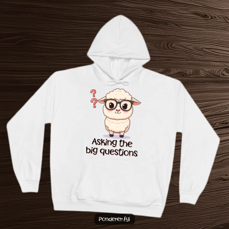Funny Sheep Glasses Hoodie: Soft and warm, depicting a fluffy sheep in glasses scrutinizing a tiny question mark.