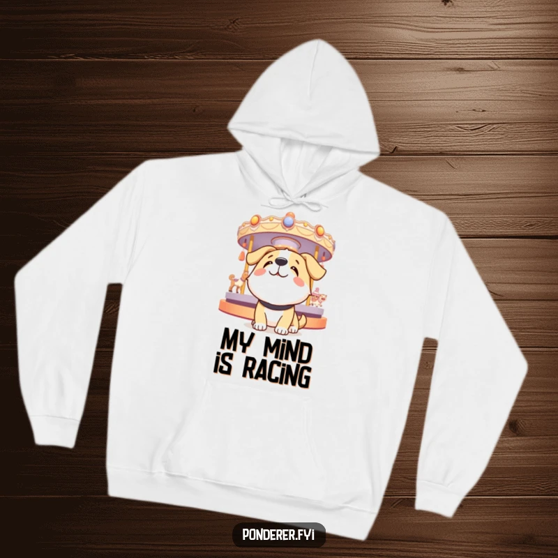 Funny dog hoodie with a happy dog looking up at a spinning carousel of thoughts, perfect for staying warm and cozy.