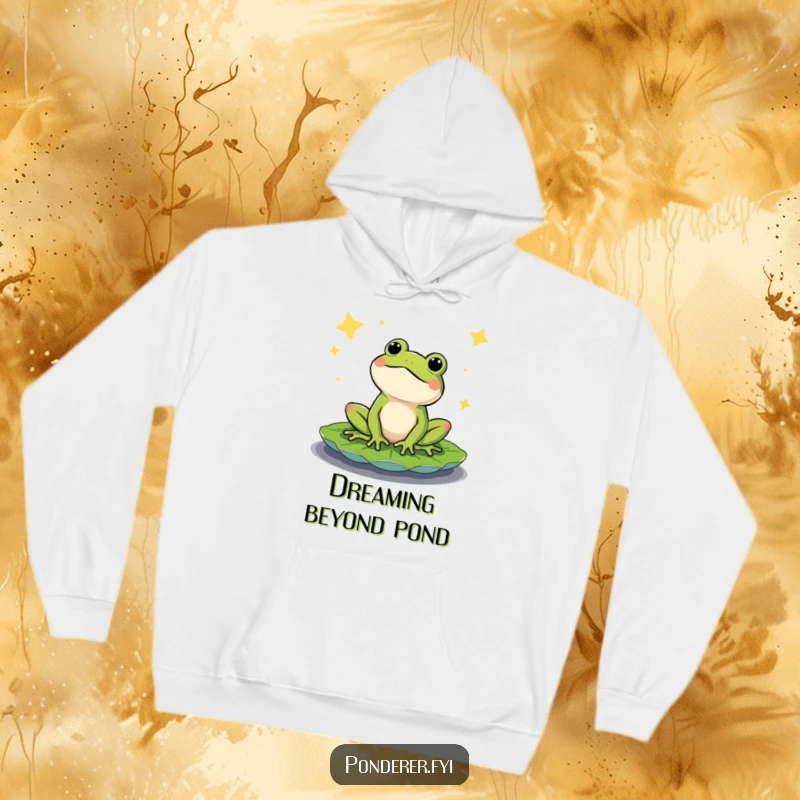 Funny hoodie with a content frog on a lily pad, gazing at a celestial starry sky. Cozy and humorous wear for stargazers.