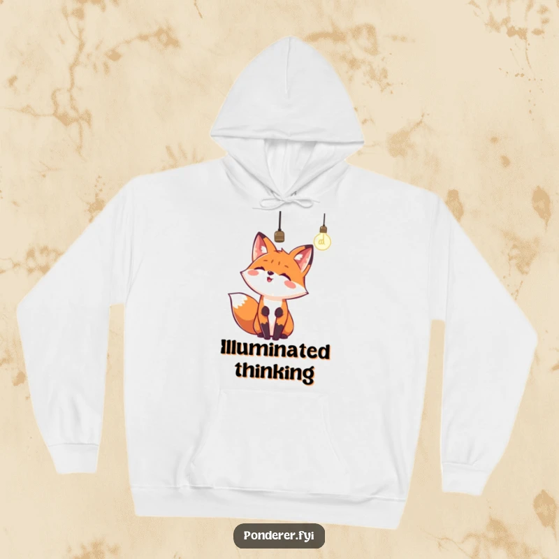 Funny hoodie featuring a happy fox looking up at a dangling lightbulb with excitement. Cozy and humorous apparel.