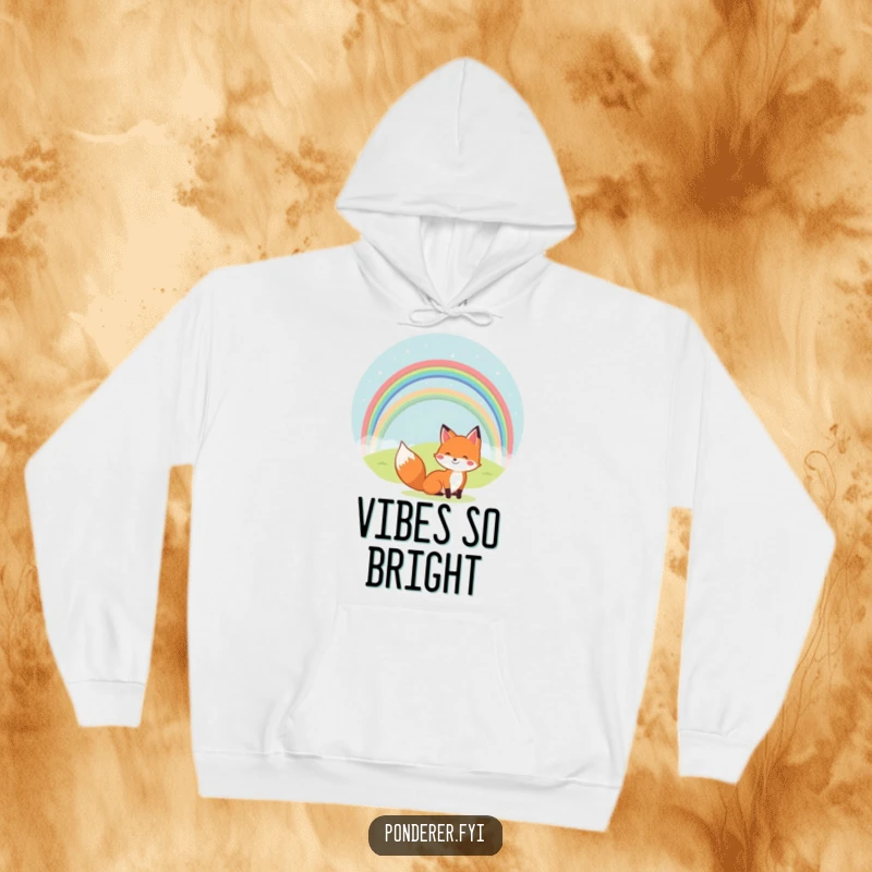 Funny hoodie with a cheerful fox looking at a rainbow over a small hill. Cozy and heartwarming humor.