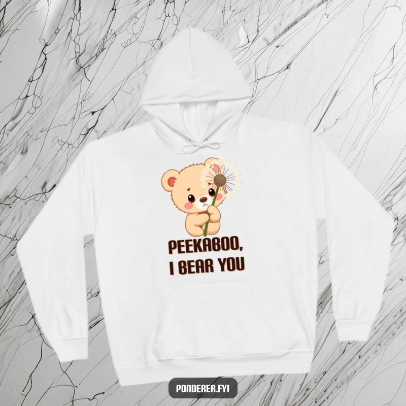 Funny curious bear cub police officer hoodie, peeking from behind a large dandelion, cozy and whimsical.