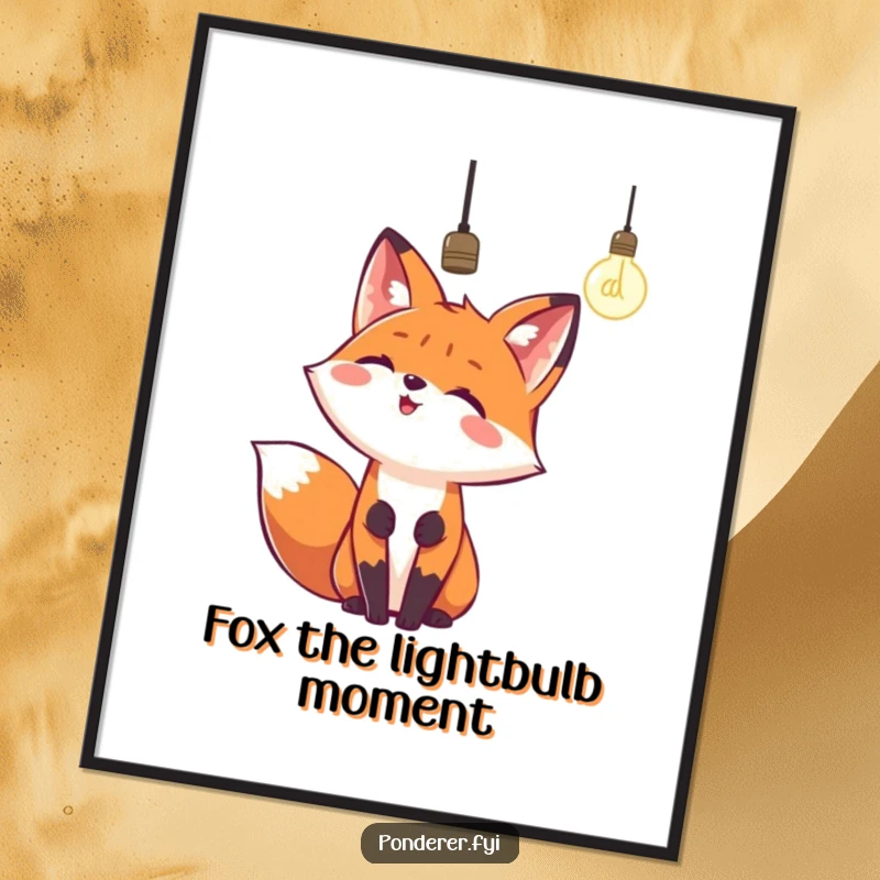 Funny Free Printable Wall Art: A happy fox looks up at a dangling lightbulb, representing inspiration and adding a touch of whimsy.