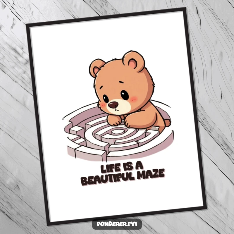 Funny free printable wall art of a thoughtful bear cub excitedly examining a complex labyrinth, adding a humorous and adventurous touch.