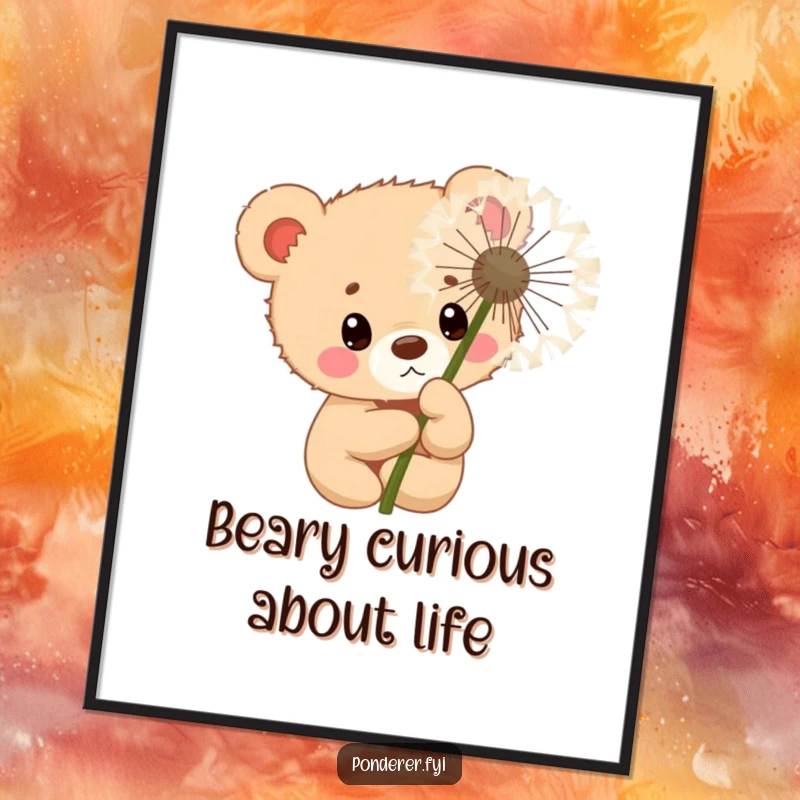 Funny Free Printable Wall Art: Curious bear cub peeking from behind a large dandelion.