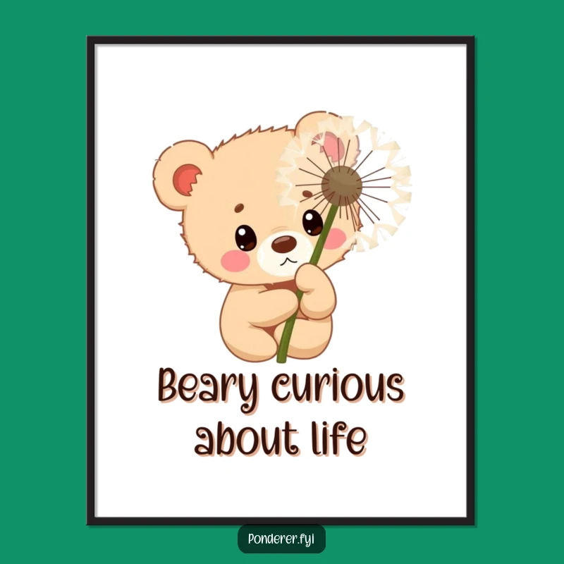 Free Printable Wall Art: Curious Bear Cub Dandelion, Cute Nature Decor Downloadable