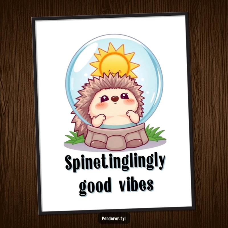 Funny free printable wall art of a playful hedgehog gazing into a crystal ball reflecting a smiling sun, bringing sunny, humorous vibes.