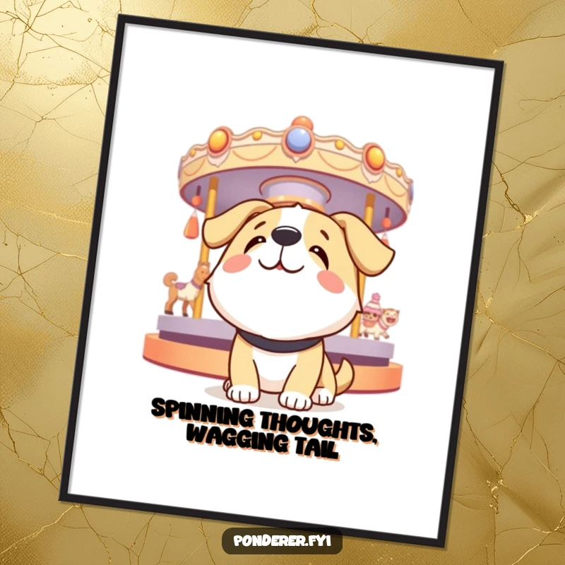 Funny Free Printable Wall Art: A happy dog character looking up at a spinning carousel of abstract thoughts, full of joy.