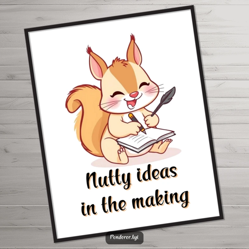 Funny free printable wall art of a joyful squirrel scribbling furiously on a notepad with a quill, a humorous addition for any room.