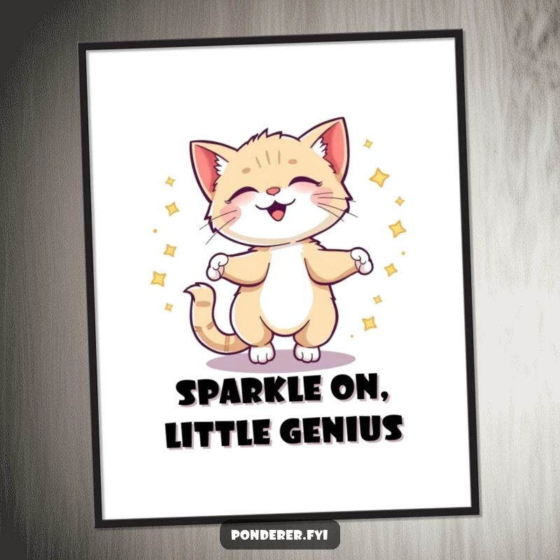 Funny Free Printable Wall Art: Giggling kitten spinning in a circle, leaving a trail of sparkling ideas, playful decor.