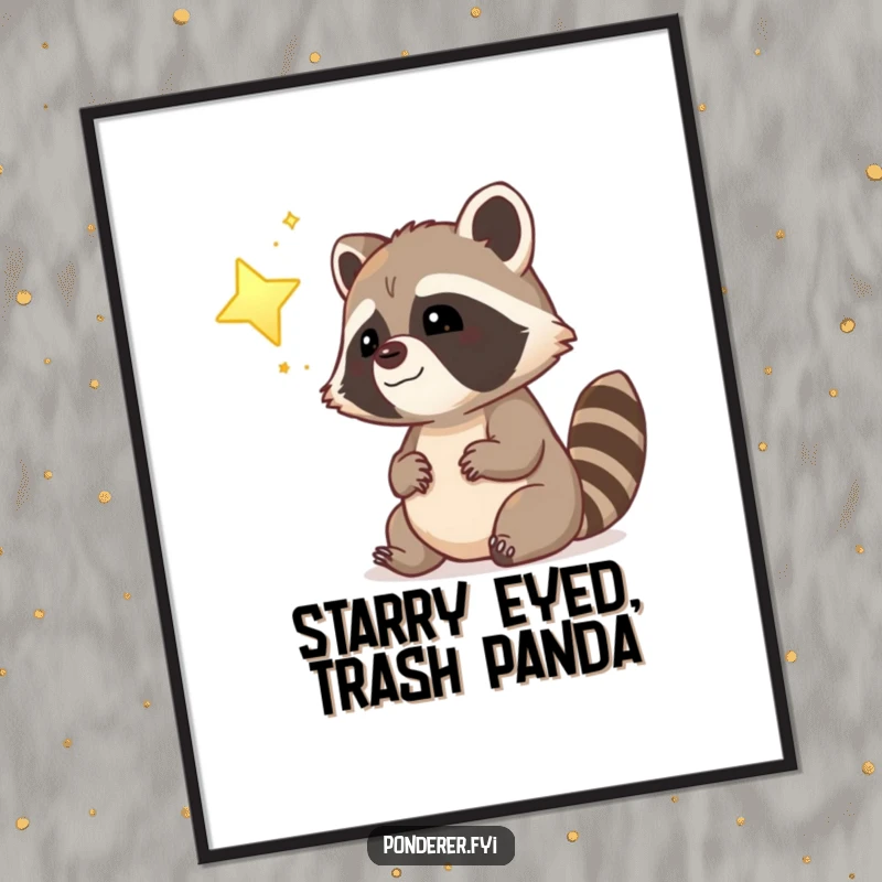 Funny Free Printable Wall Art: Dreamy raccoon smiling while gazing at a glowing star.