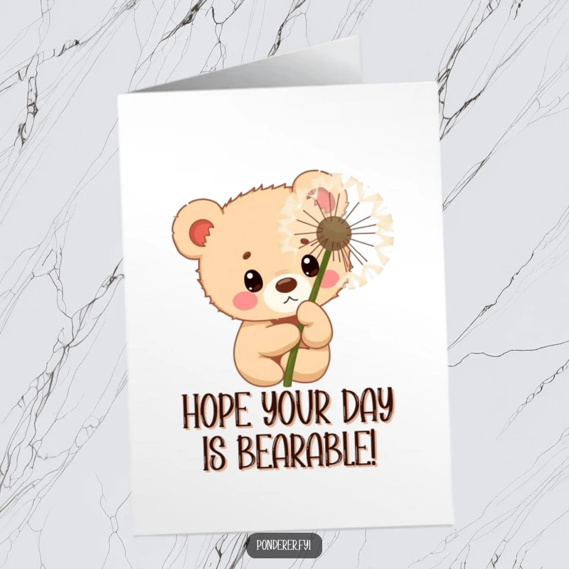 Funny Free Printable Birthday Card: Curious bear cub peeking from behind a large dandelion, with a playful look.