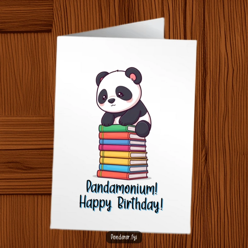 Funny Free Printable Birthday Card: A determined panda precariously balances on colorful books, celebrating a birthday with literary flair.