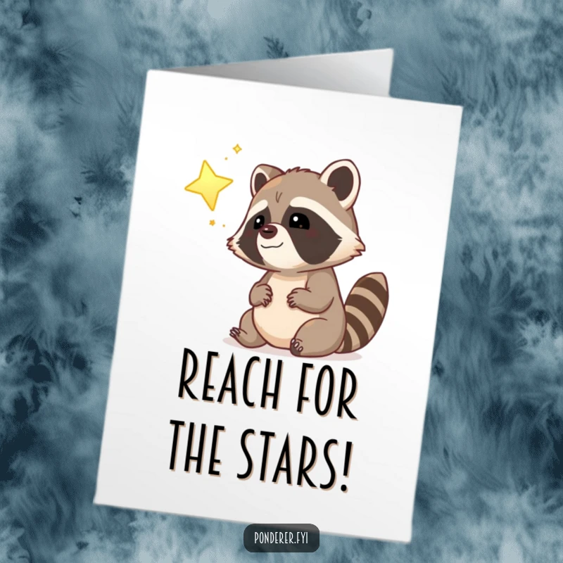 Funny Free Printable Birthday Card: Dreamy raccoon gazing at a glowing star, smiling, with a wishful look.